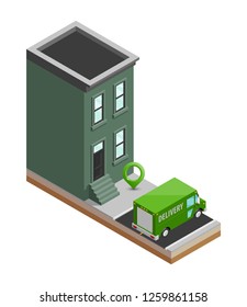 Isometric delivery van house. Cargo truck transportation route, Fast delivery logistic 3d carrier transport, vector isometry city freight car, infographic loading goods. Low poly style vehicle truck