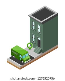 Isometric delivery van house. Cargo truck transportation route, Fast delivery logistic 3d carrier transport, vector isometry city freight car, infographic loading goods. Low poly style vehicle truck