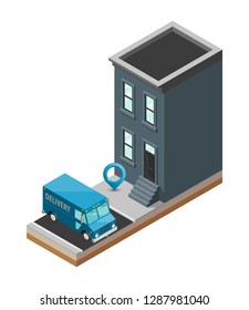 Isometric delivery van house. Cargo truck transportation route, Fast delivery logistic 3d carrier transport, vector isometry city freight car, infographic loading goods. Low poly style vehicle truck