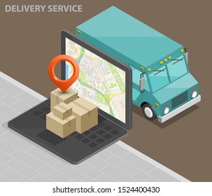 Isometric delivery van, laptop. Cargo truck transportation, box on route, Fast delivery logistic 3d carrier transport, vector isometry freight car, loading goods. Low poly style isometry vehicle truck