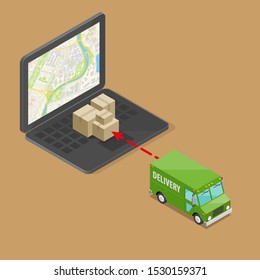 Isometric delivery van, laptop. Cargo truck transportation, box on route, Fast delivery logistic 3d carrier transport, vector isometry freight car, loading goods. Low poly style isometry vehicle truck