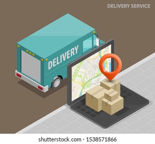 Isometric delivery van, laptop. Cargo truck transportation, box on route, Fast delivery logistic 3d carrier transport, vector isometry freight car, loading goods. Low poly style isometry vehicle truck
