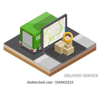 Isometric delivery van, laptop. Cargo truck transportation, box on route, Fast delivery logistic 3d carrier transport, vector isometry freight car, loading goods. Low poly style isometry vehicle truck