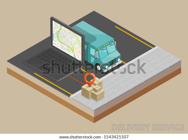 Isometric delivery van, laptop. Cargo truck\
transportation, box on route, Fast delivery logistic 3d carrier\
transport, vector isometry freight car, loading goods. Low poly\
style isometry vehicle\
truck