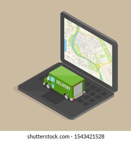 Isometric delivery van on laptop. Cargo truck transportation, route town map, Fast delivery 3d carrier transport, vector isometry freight car. Low poly style isometry vehicle truck on laptop city map