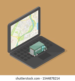 Isometric delivery van on laptop. Cargo truck transportation, route town map, Fast delivery 3d carrier transport, vector isometry freight car. Low poly style isometry vehicle truck on laptop city map