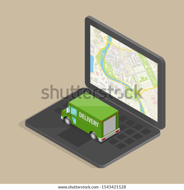 Isometric delivery van on laptop. Cargo truck\
transportation, route town map, Fast delivery 3d carrier transport,\
vector isometry freight car. Low poly style isometry vehicle truck\
on laptop city map