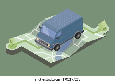 Isometric delivery van on paper map; Blue delivery van on folded paper map with green navigation routes and points markers in isometric