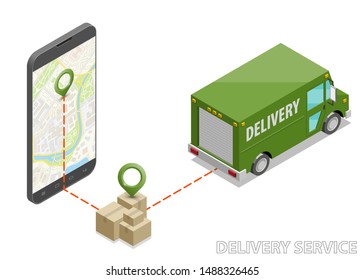 Isometric delivery van, phone. Cargo truck transportation, box on route, Fast delivery logistic 3d carrier transport, vector isometry freight car, loading goods. Low poly style isometry vehicle truck