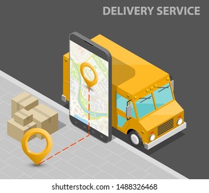 Isometric delivery van, phone. Cargo truck transportation, box on route, Fast delivery logistic 3d carrier transport, vector isometry freight car, loading goods. Low poly style isometry vehicle truck