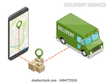 Isometric delivery van, phone. Cargo truck transportation, box on route, Fast delivery logistic 3d carrier transport, vector isometry freight car, loading goods. Low poly style isometry vehicle truck