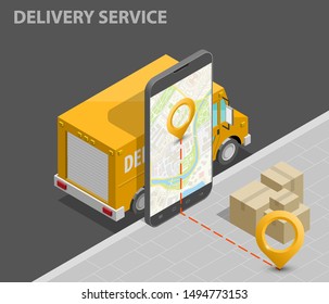 Isometric delivery van, phone. Cargo truck transportation, box on route, Fast delivery logistic 3d carrier transport, vector isometry freight car, loading goods. Low poly style isometry vehicle truck