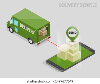 Isometric delivery van, phone. Cargo truck transportation, box on route, Fast delivery logistic 3d carrier transport, vector isometry freight car, loading goods. Low poly style isometry vehicle truck