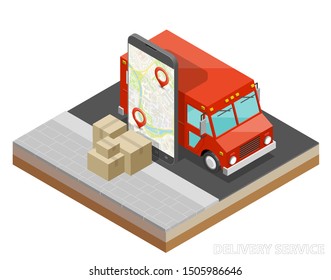 Isometric delivery van, phone. Cargo truck transportation, box on route, Fast delivery logistic 3d carrier transport, vector isometry freight car, loading goods. Low poly style isometry vehicle truck