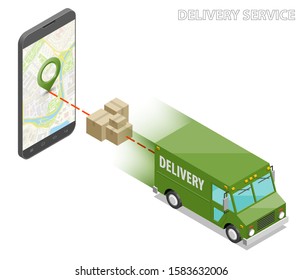 Isometric delivery van, phone. Cargo truck transportation, box on route, Fast delivery logistic 3d carrier transport, vector isometry freight car, loading goods. Low poly style isometry vehicle truck