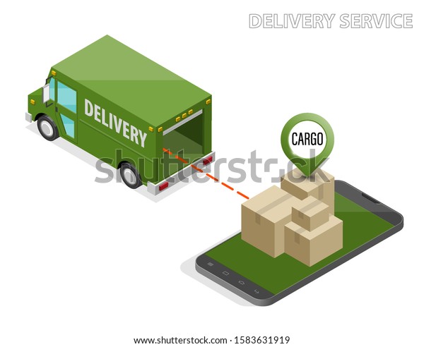 Isometric delivery van, phone. Cargo truck\
transportation, box on route, Fast delivery logistic 3d carrier\
transport, vector isometry freight car, loading goods. Low poly\
style isometry vehicle\
truck