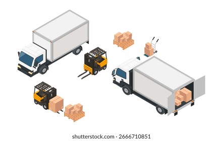 Isometric delivery vehicles cargo set. White trucks yellow forklifts wooden pallets cardboard boxes. Transportation equipment collection for logistics services. Vector illustration isolated on white.