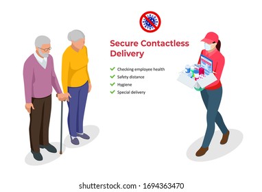 Isometric delivery woman or courier in a protective medical mask holds a parcel in her hands. Free drug delivery. COVID-19. Quarantine in the city. Coronavirus epidemic