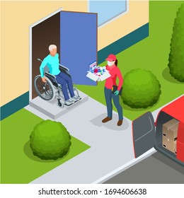 Isometric delivery woman or courier in a protective medical mask holds a parcel in her hands. Free drug delivery. COVID-19. Quarantine in the city. Coronavirus epidemic.