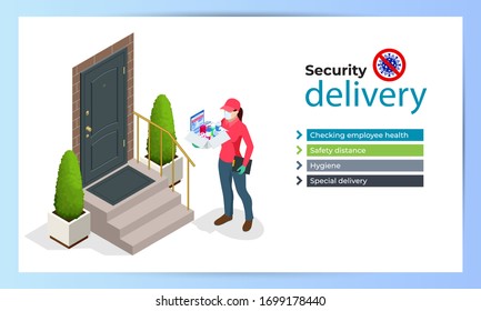 Isometric delivery woman or courier in a protective medical mask holds a parcel in her hands. Free drug delivery. COVID-19. Quarantine in the city. Coronavirus epidemic.