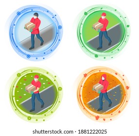 Isometric deliveryman at different times of the year. Isometric delivery man or courier in a medical mask and gloves delivering food to customer at home. Online purchases during a quarantine.