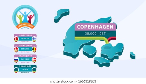 Isometric Denmark country map tagged in Copenhagen stadium which will be held football matches vector illustration. Football 2020 tournament final stage infographic and country info