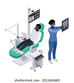 Isometric dental care composition with male patient sitting on chair and dentist looking at his tooth xray 3d vector illustration