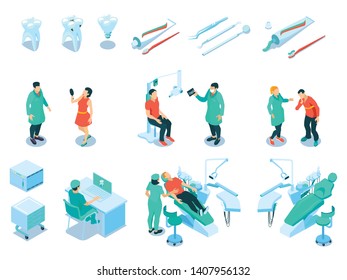 Isometric dental care set with dentist and healthcare symbols isolated vector illustration