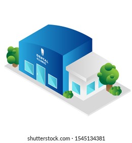 Isometric Dental Clinic Building. Teeth Icon And Logo With Tree. Vector Illustration.