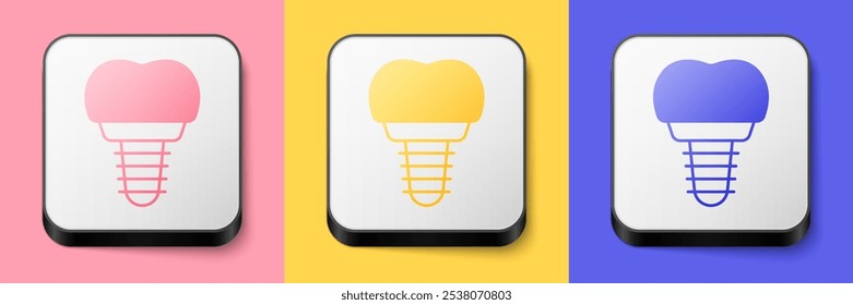 Isometric Dental implant icon isolated on pink, yellow and blue background. Square button. Vector