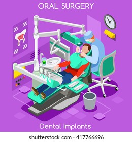 Isometric Dental implant teeth therapy hygiene oral surgery center dentist patient chair. 3D isometric chair medical people dentist clinic room dental implant infographic chair vector illustration