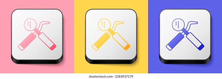 Isometric Dental inspection mirror and probe icon isolated on pink, yellow and blue background. Explorer scaler. Tool dental checkup. Square button. Vector