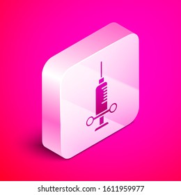 Isometric Dental medical syringe with needle icon isolated on pink background. Silver square button. Vector Illustration