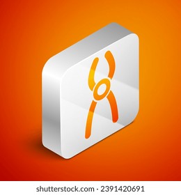 Isometric Dental pliers icon isolated on orange background. Dental equipment. Silver square button. Vector