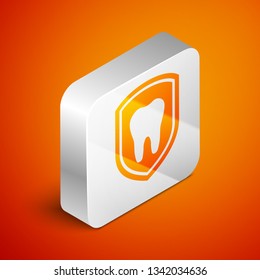 Isometric Dental protection icon isolated on orange background. Tooth on shield logo icon. Silver square button. Vector Illustration