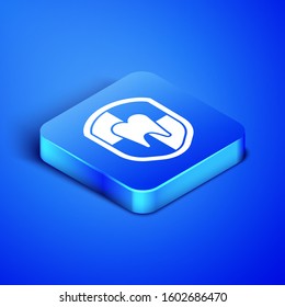 Isometric Dental protection icon isolated on blue background. Tooth on shield logo. Blue square button. Vector Illustration