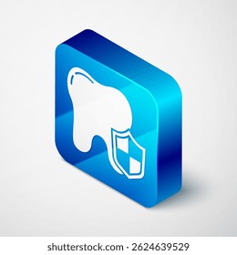 Isometric Dental protection icon isolated on grey background. Tooth on shield logo. Blue square button. Vector