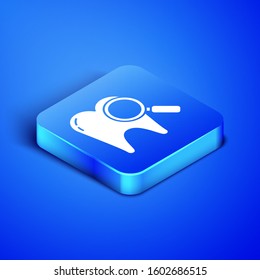Isometric Dental search icon isolated on blue background. Tooth symbol for dentistry clinic or dentist medical center. Blue square button. Vector Illustration