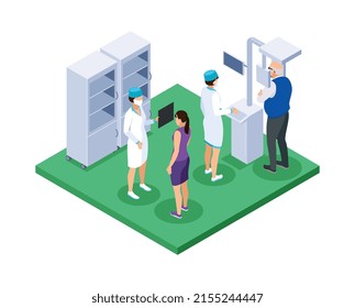Isometric dentist composition with view of dental office with characters of medical workers and patients vector illustration