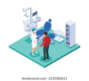 Composición odontológica isométrica con visión odontológica con personajes de trabajador médico e ilustración vectorial del paciente