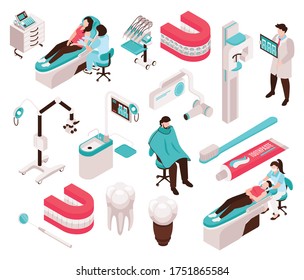 Isometric dentist dental center set with isolated medical equipment icons tooth implant images and human characters vector illustration