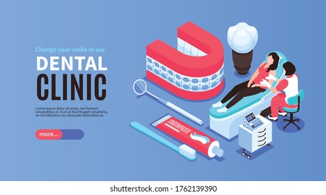 Isometric dentist horizontal banner with editable text more button and dentists equipment icons with human characters vector illustration