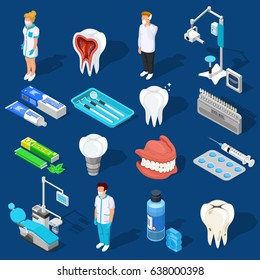 Isometric dentist icons collection with isolated medical personnel characters dental care supplies drilling machines and equipment vector illustration