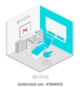 Isometric dentist office during reception patient. Dentistry and doctors office, dentist chair, dental and medical, health oral, mouth healthcare illustration