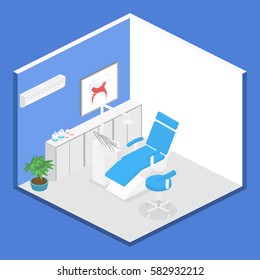 Isometric dentist office during reception patient. Dentistry and doctors office, dentist chair, dental and medical, health oral, mouth healthcare illustration