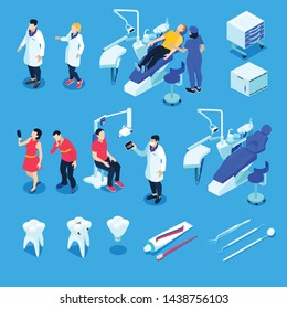 Isometric dentist set with tooth care and equipment symbols isolated vector illustration