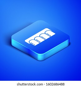 Isometric Dentures model icon isolated on blue background. Teeth of the upper jaw. Dental concept. Blue square button. Vector Illustration