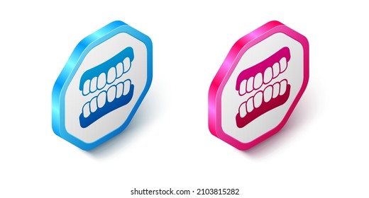 Isometric Dentures model icon isolated on white background. Teeth of the upper jaw. Dental concept. Hexagon button. Vector