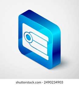 Isometric Dentures model icon isolated on grey background. Dental concept. Blue square button. Vector