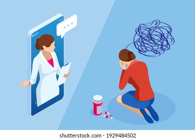 Isometric Depressed Women. Online Psychotherapy. Psychology, Health, Care, Depression, Frustration, Medicine Concept. Psyhology Mental Problems, Depression Panic Attacks, Paranoia Anger Control